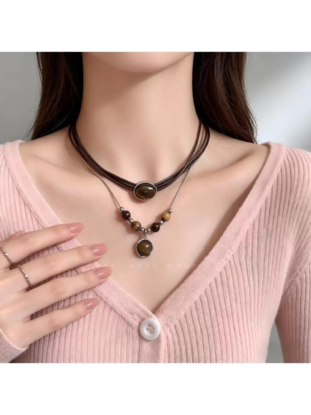Women's Vintage Chunky Gemstone Pendent Tigers Eye Stone Necklace Earrings Set